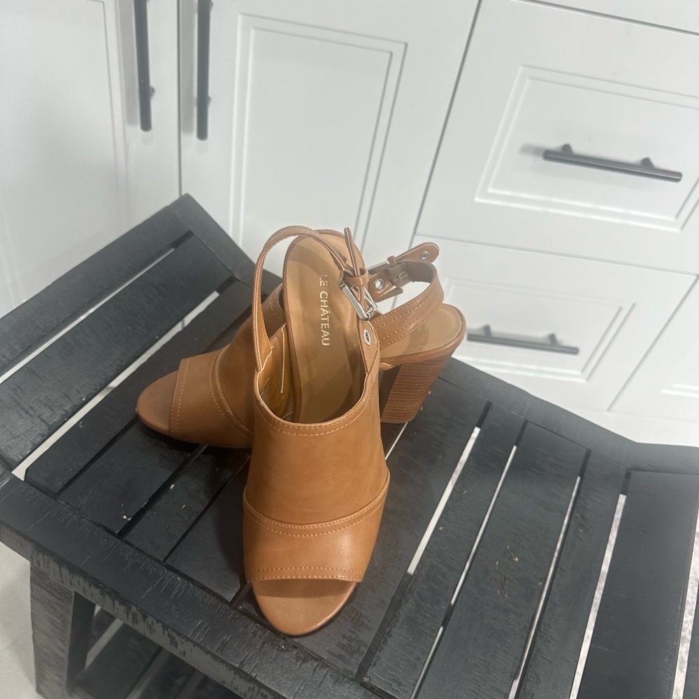 le chateau Tan Open-Toe Slingback Block Heel Sandals